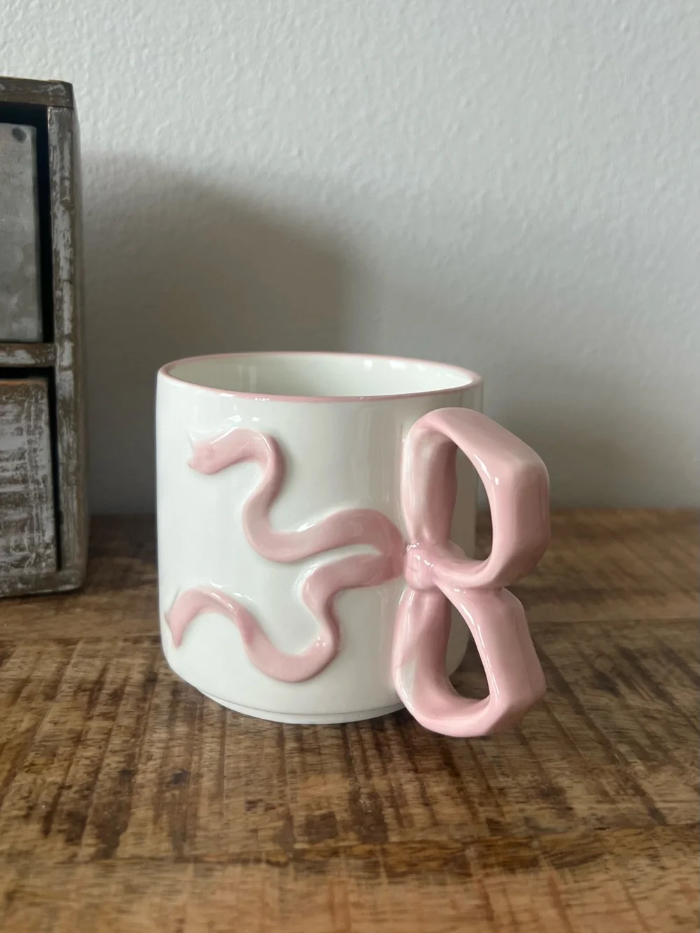 New White Ceramic Mug with Pink Bow Handle